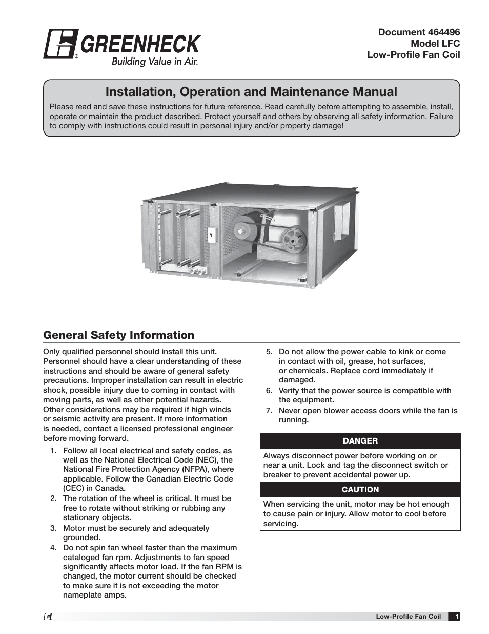 Greenheck Low-Profile Fan Coil (LFC) (464496) User Manual | 16 pages