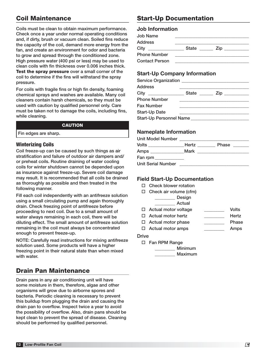Coil maintenance start-up documentation, Drain pan maintenance | Greenheck Low-Profile Fan Coil (LFC) (464496) User Manual | Page 12 / 16