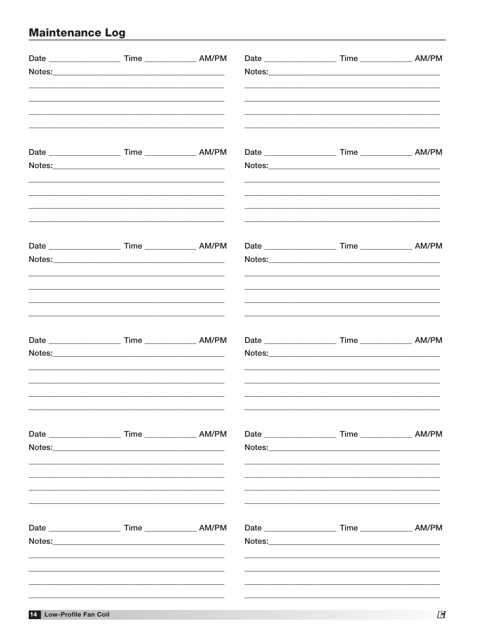 Maintenance log | Greenheck Low-Profile Fan Coil (LFC) (464496) User Manual | Page 14 / 16