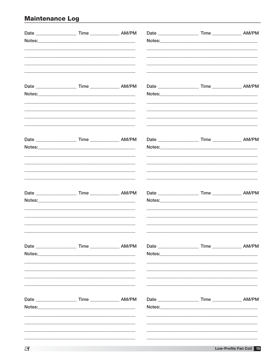 Maintenance log | Greenheck Low-Profile Fan Coil (LFC) (464496) User Manual | Page 15 / 16