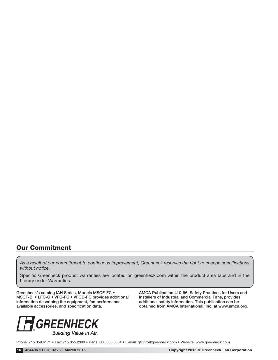 Our commitment | Greenheck Low-Profile Fan Coil (LFC) (464496) User Manual | Page 16 / 16