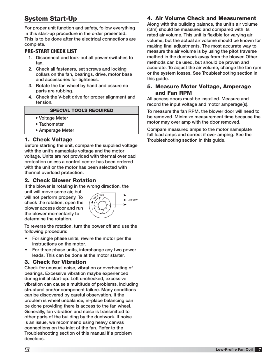 System start-up, Pre-start check list, Check voltage | Check blower rotation, Check for vibration, Air volume check and measurement, Measure motor voltage, amperage and fan rpm | Greenheck Low-Profile Fan Coil (LFC) (464496) User Manual | Page 7 / 16