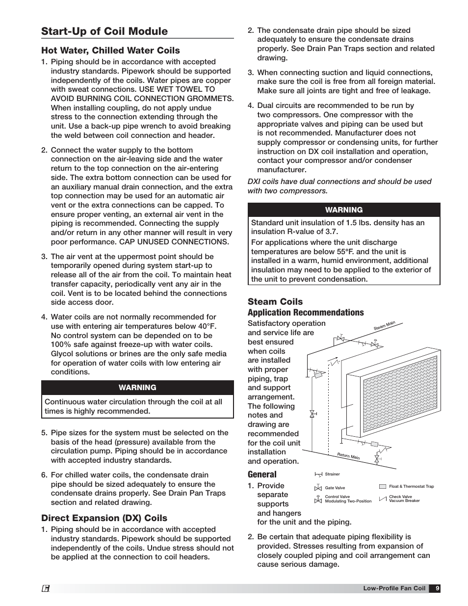 Start-up of coil module, Hot water, chilled water coils, Direct expansion (dx) coils | Steam coils application recommendations, General | Greenheck Low-Profile Fan Coil (LFC) (464496) User Manual | Page 9 / 16