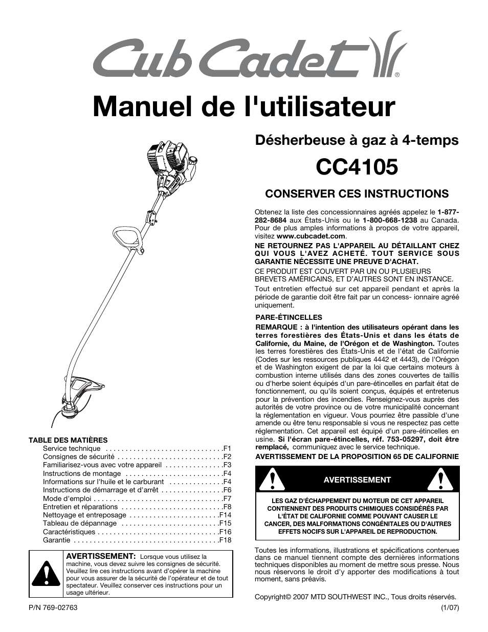 Manuel de l'utilisateur, Cc4105, Désherbeuse à gaz à 4-temps | Conserver ces instructions | Cub Cadet CC4105 User Manual | Page 19 / 56