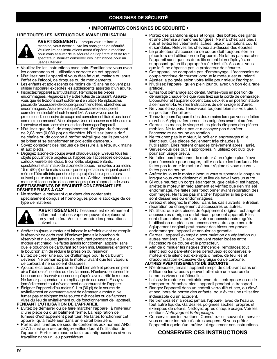 Conserver ces instructions | Cub Cadet CC4105 User Manual | Page 20 / 56