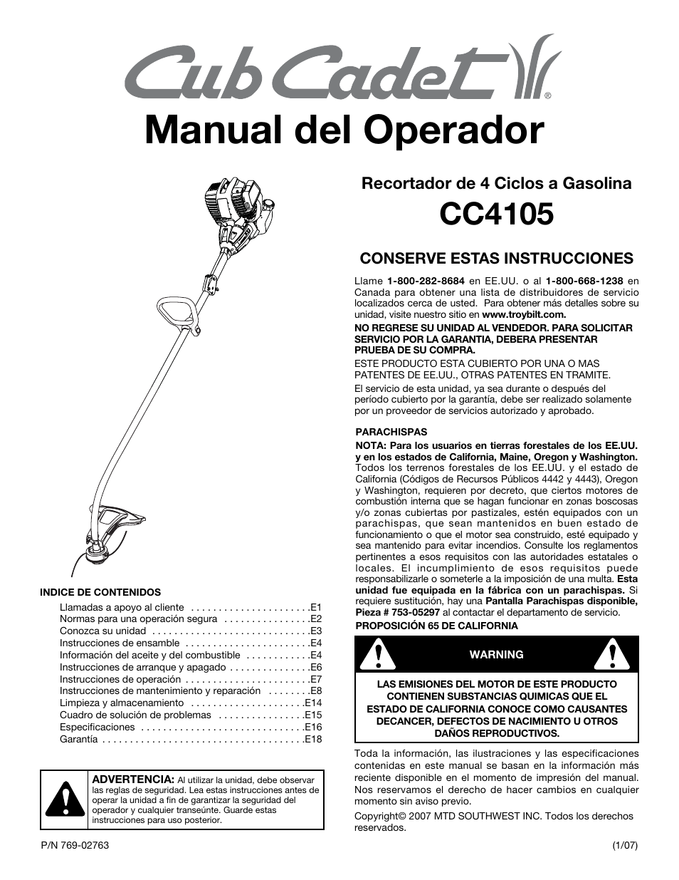 Manual del operador, Cc4105, Recortador de 4 ciclos a gasolina | Cub Cadet CC4105 User Manual | Page 37 / 56