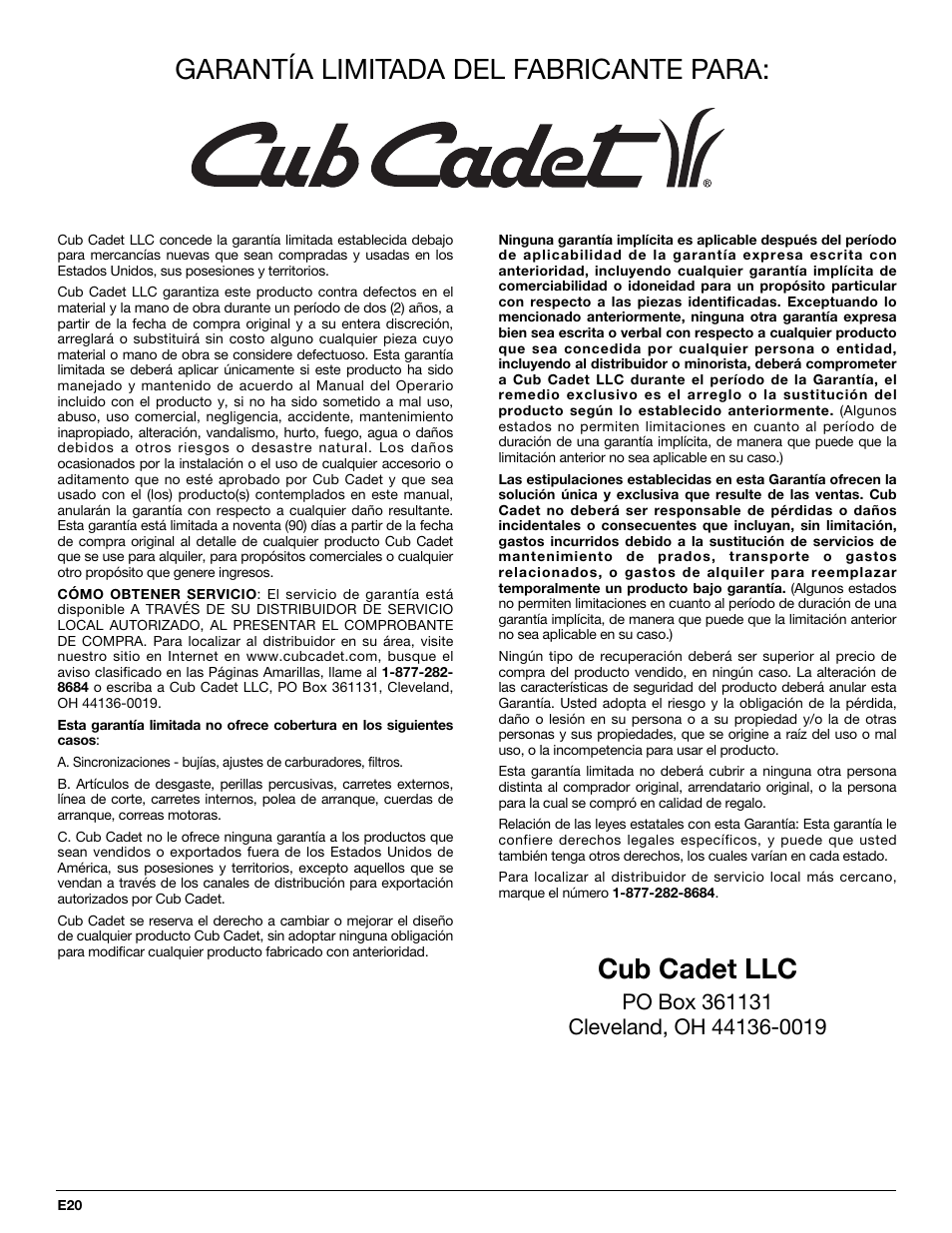 Garantía limitada del fabricante para, Cub cadet llc | Cub Cadet CC4105 User Manual | Page 56 / 56
