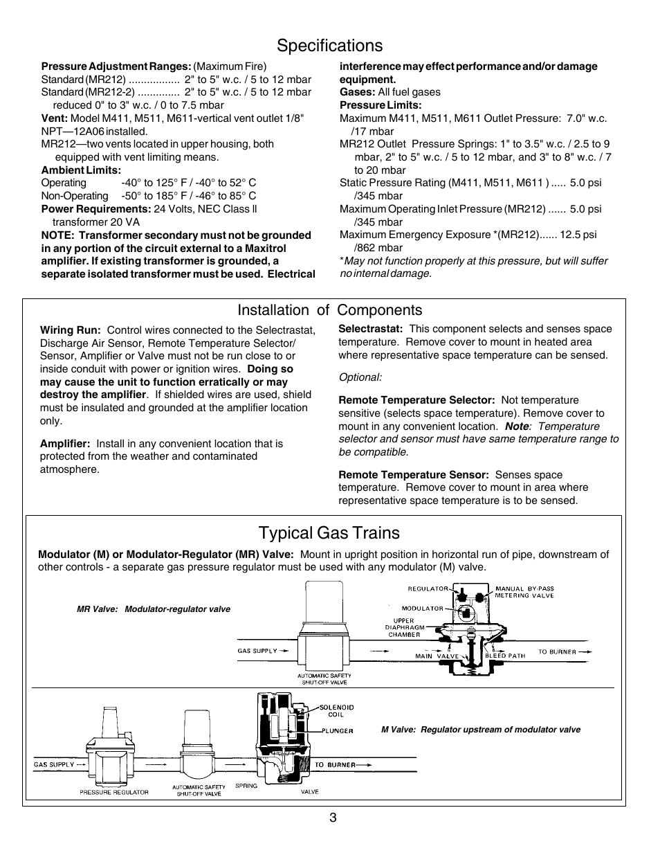 Typical gas trains, Specifications, Installation of components | Greenheck Maxitrol Series 44 User Manual | Page 3 / 8