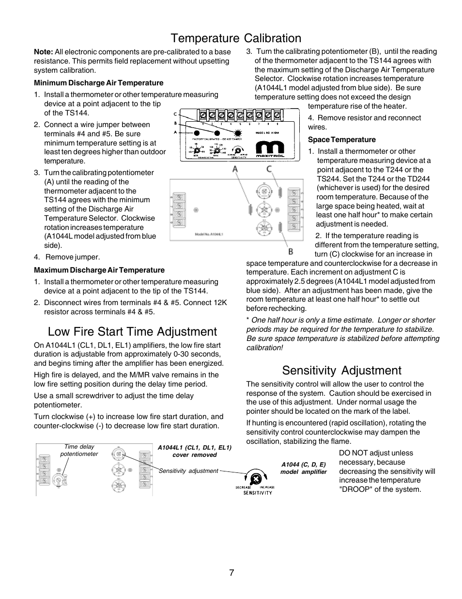 Temperature calibration, Low fire start time adjustment, Sensitivity adjustment | Greenheck Maxitrol Series 44 User Manual | Page 7 / 8