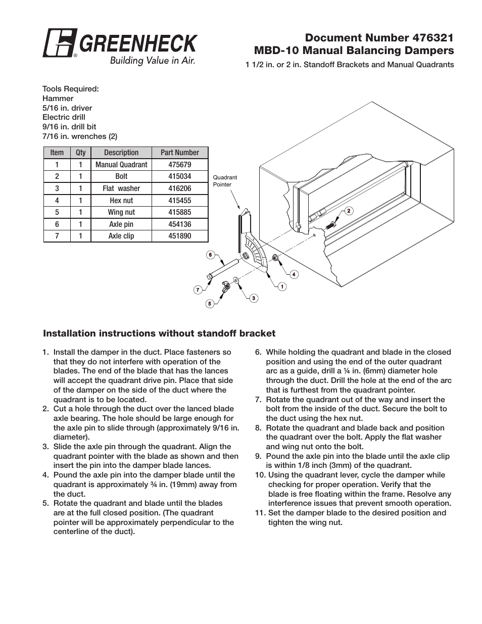 Greenheck MBD-10 standoff and manual quadrant kit (476321) User Manual | 2 pages