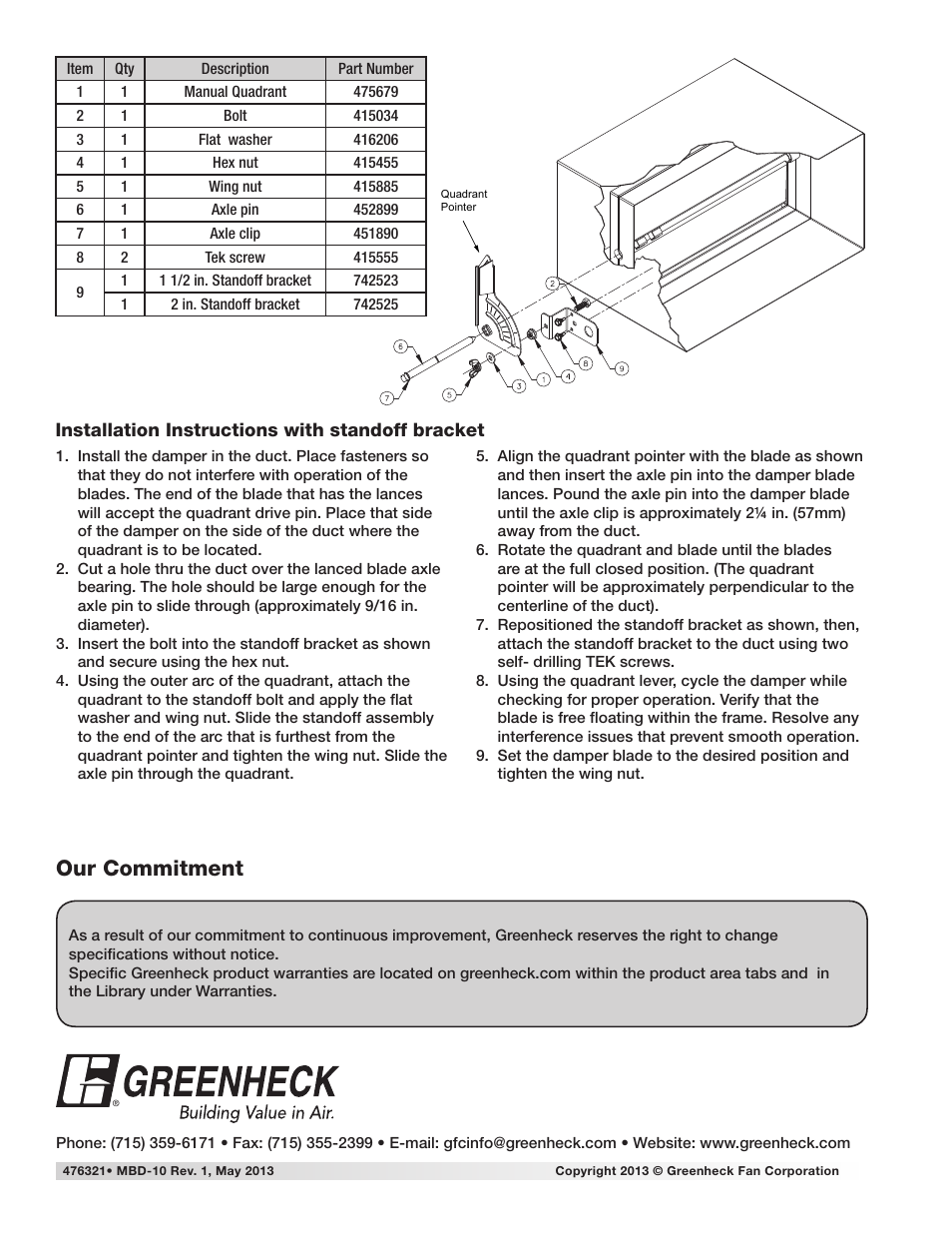 Our commitment | Greenheck MBD-10 standoff and manual quadrant kit (476321) User Manual | Page 2 / 2