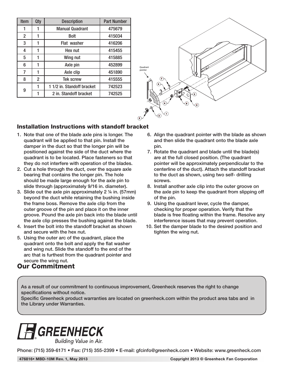 Our commitment, Installation instructions with standoff bracket | Greenheck MBD-10M standoff and manual quadrant kit (476816) User Manual | Page 2 / 2