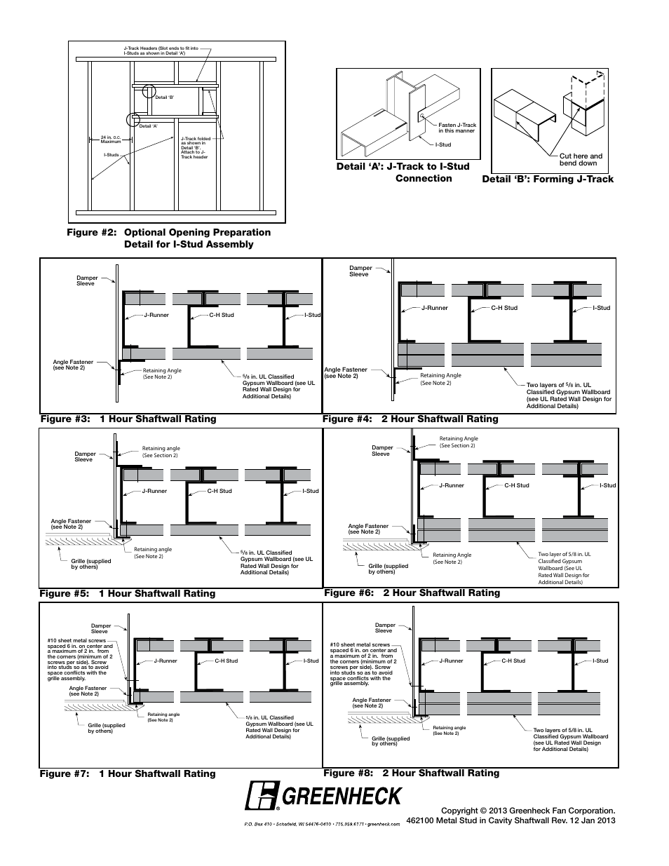 Detail ‘b’: forming j-track, Figure #3: 1 hour shaftwall rating, Figure #4: 2 hour shaftwall rating | Figure #5: 1 hour shaftwall rating, Figure #6: 2 hour shaftwall rating, Figure #7: 1 hour shaftwall rating, Figure #8: 2 hour shaftwall rating | Greenheck Metal Stud in Shaftwall Partition Supplement (462100) User Manual | Page 2 / 2