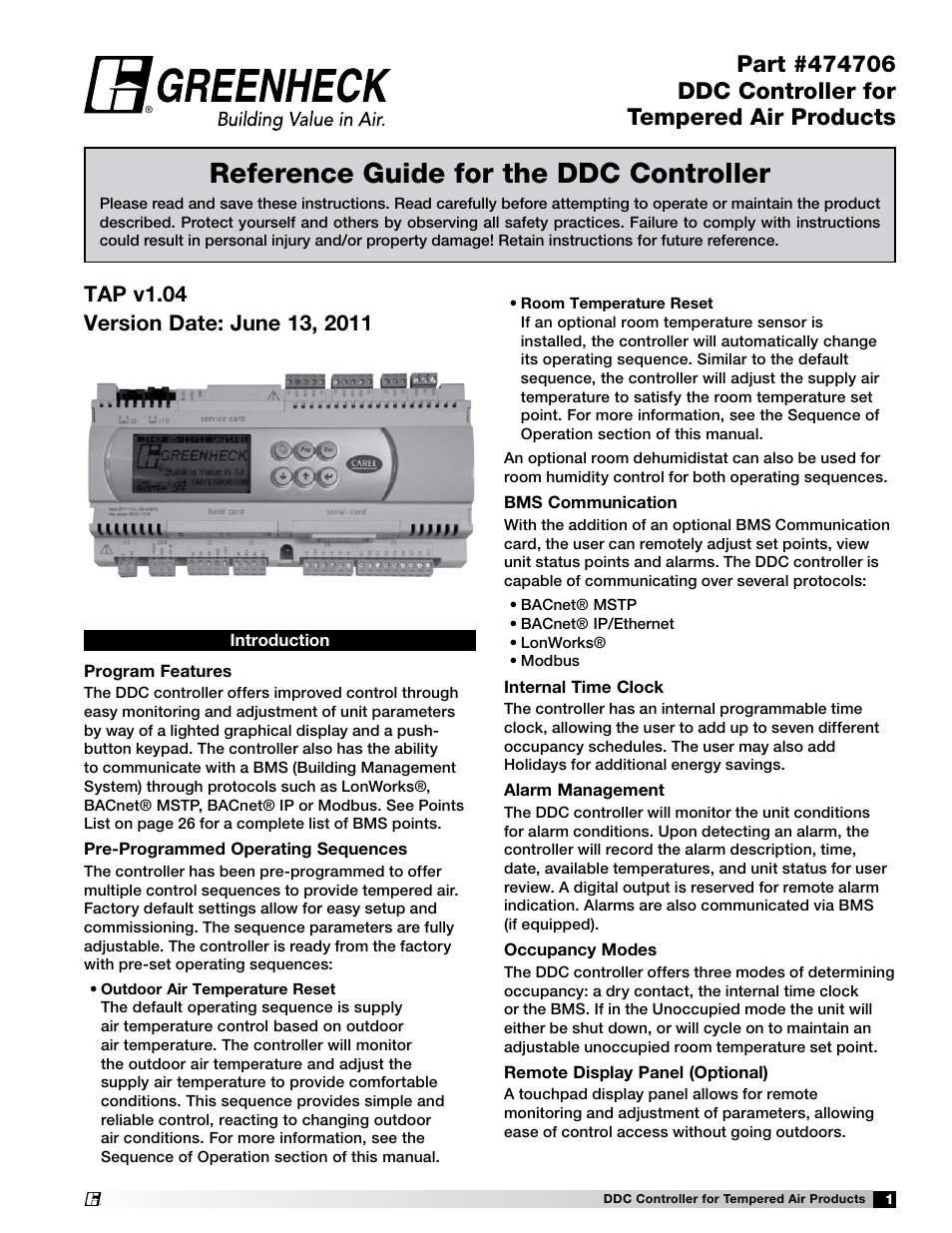 Greenheck Microprocessor Controller (474706 IOM) TAP v1.04 June 2011 (ERCH, ERH, APEX, VER, ERT) User Manual | 32 pages