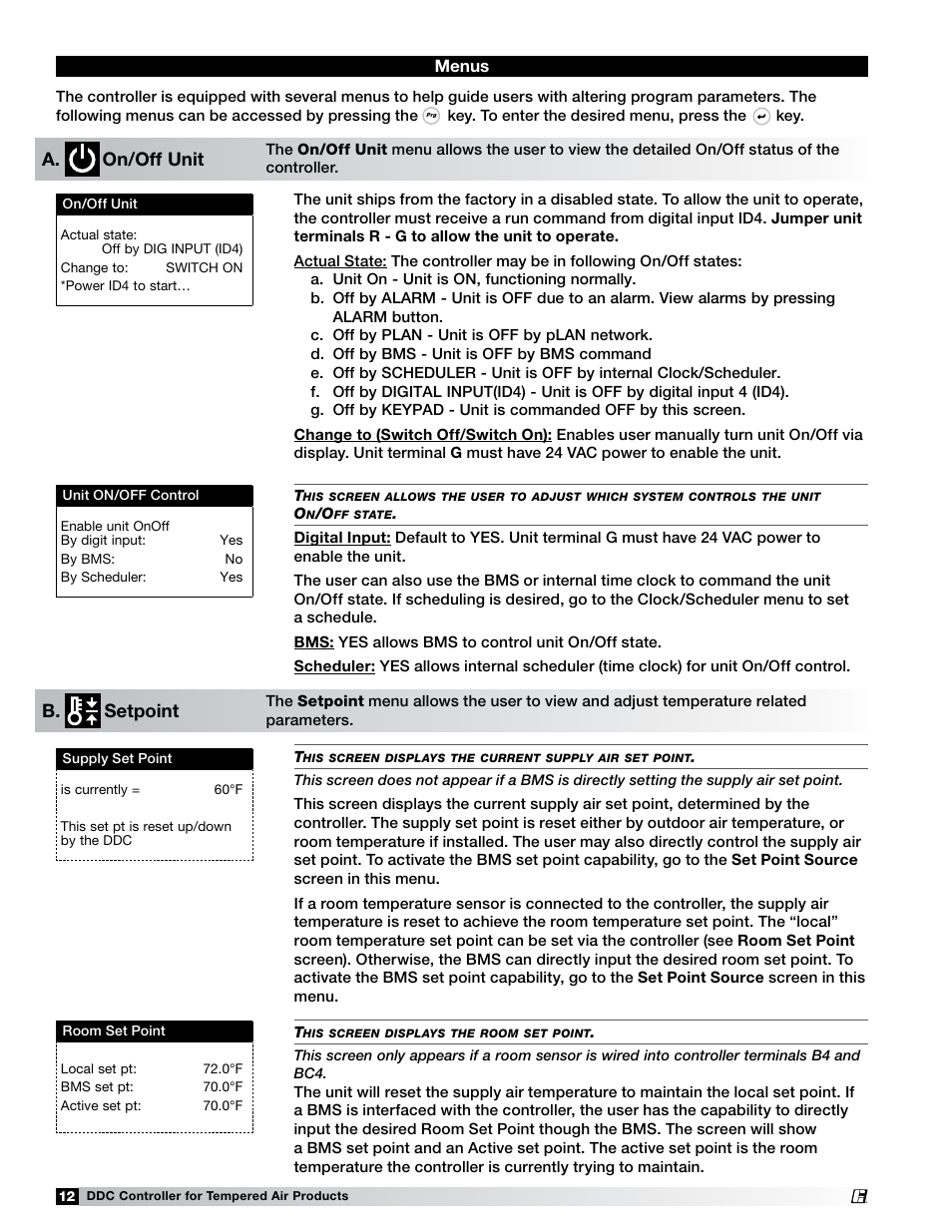 A. on/off unit b. setpoint, Menus | Greenheck Microprocessor Controller (474706 IOM) TAP v1.04 June 2011 (ERCH, ERH, APEX, VER, ERT) User Manual | Page 12 / 32