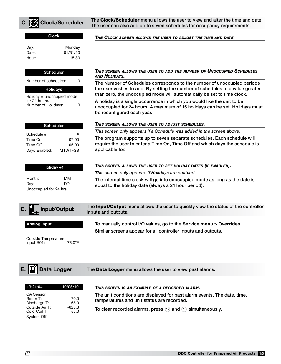E. data logger, C. clock/scheduler d. input/output | Greenheck Microprocessor Controller (474706 IOM) TAP v1.04 June 2011 (ERCH, ERH, APEX, VER, ERT) User Manual | Page 15 / 32