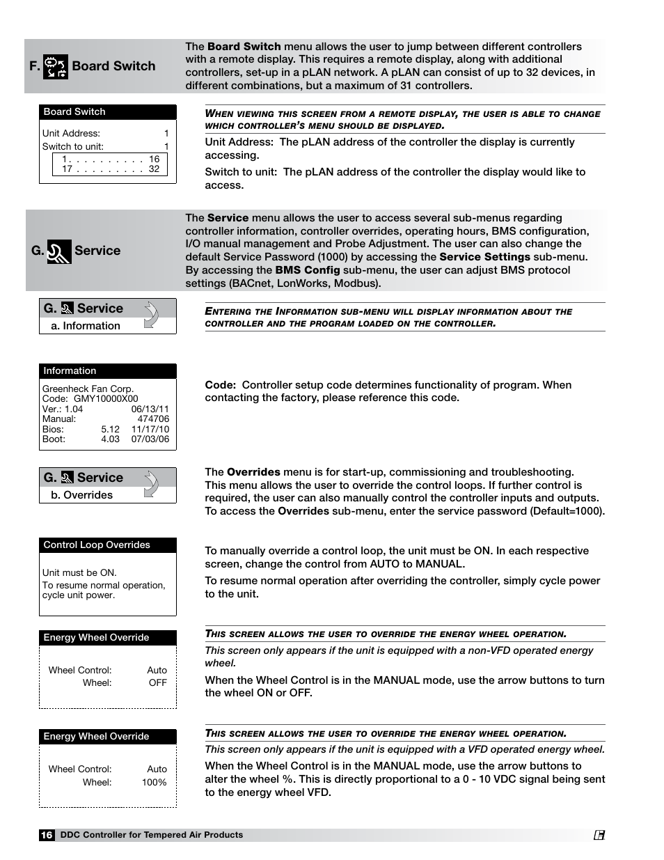 F. board switch, G. service | Greenheck Microprocessor Controller (474706 IOM) TAP v1.04 June 2011 (ERCH, ERH, APEX, VER, ERT) User Manual | Page 16 / 32