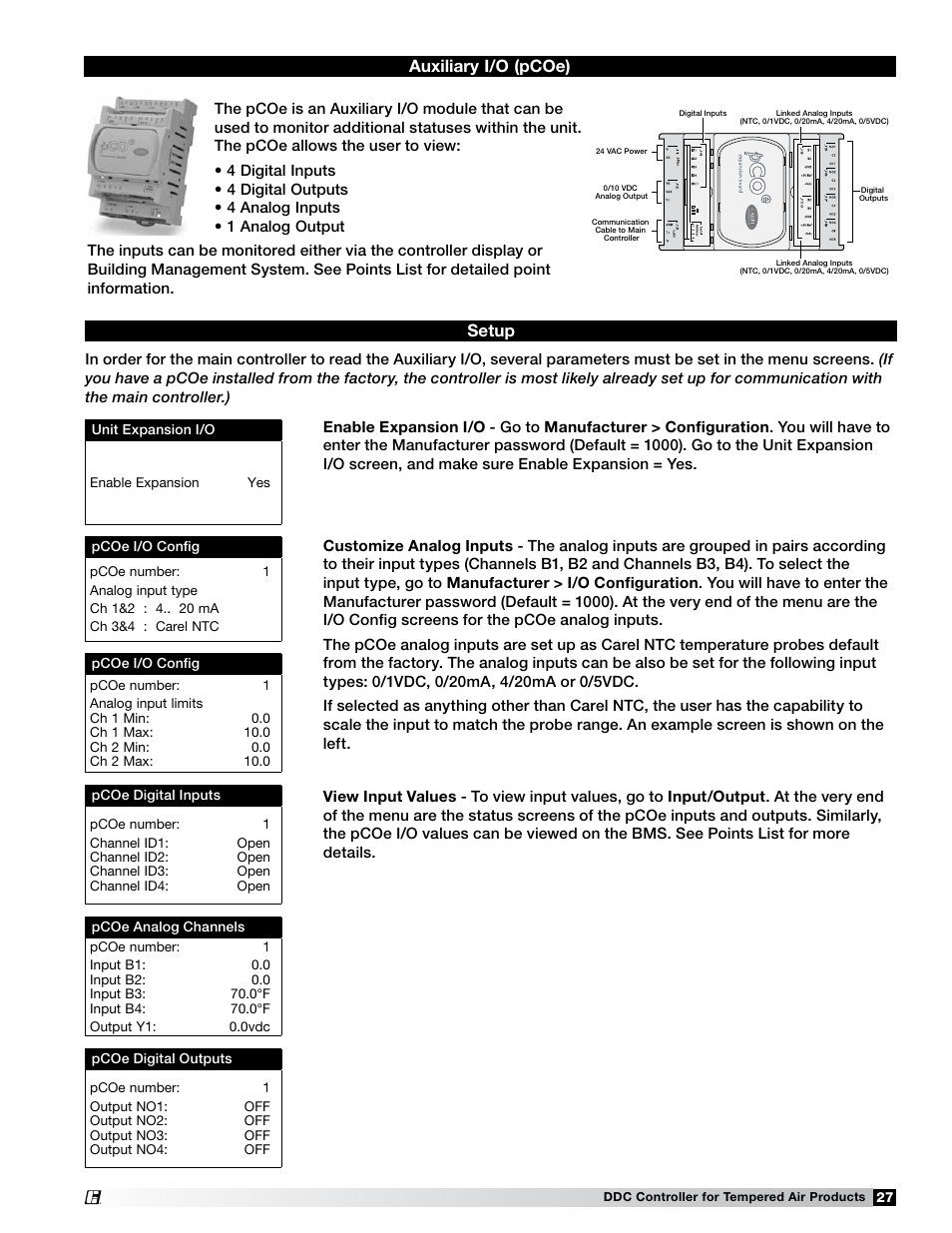 Auxiliary i/o (pcoe) setup | Greenheck Microprocessor Controller (474706 IOM) TAP v1.04 June 2011 (ERCH, ERH, APEX, VER, ERT) User Manual | Page 27 / 32