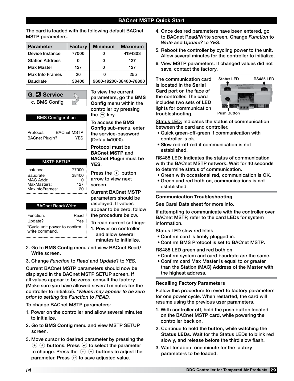 G. service, Bacnet mstp quick start | Greenheck Microprocessor Controller (474706 IOM) TAP v1.04 June 2011 (ERCH, ERH, APEX, VER, ERT) User Manual | Page 29 / 32