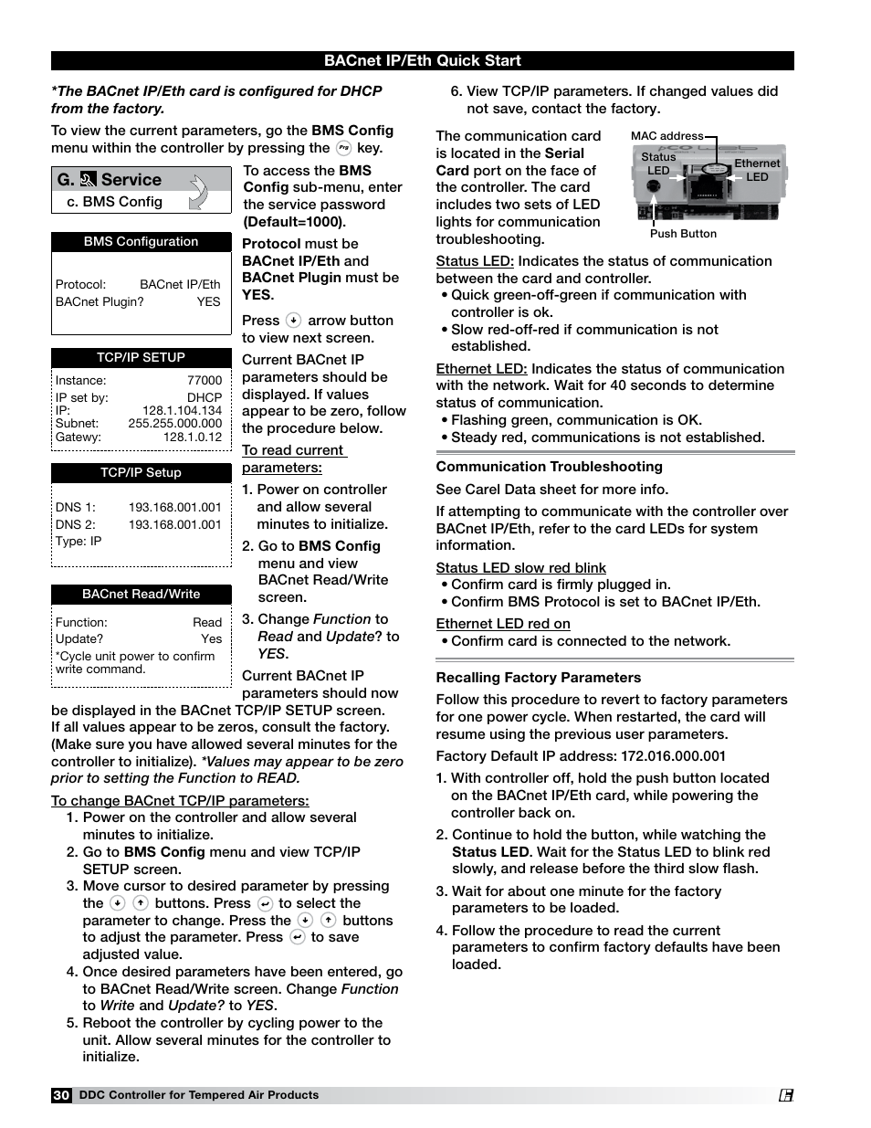 G. service, Bacnet ip/eth quick start | Greenheck Microprocessor Controller (474706 IOM) TAP v1.04 June 2011 (ERCH, ERH, APEX, VER, ERT) User Manual | Page 30 / 32