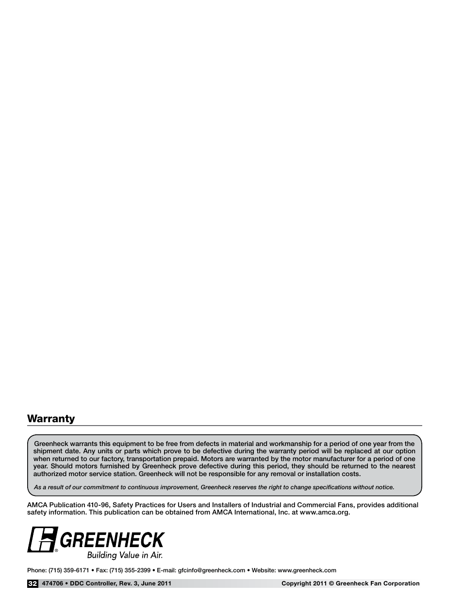 Warranty | Greenheck Microprocessor Controller (474706 IOM) TAP v1.04 June 2011 (ERCH, ERH, APEX, VER, ERT) User Manual | Page 32 / 32