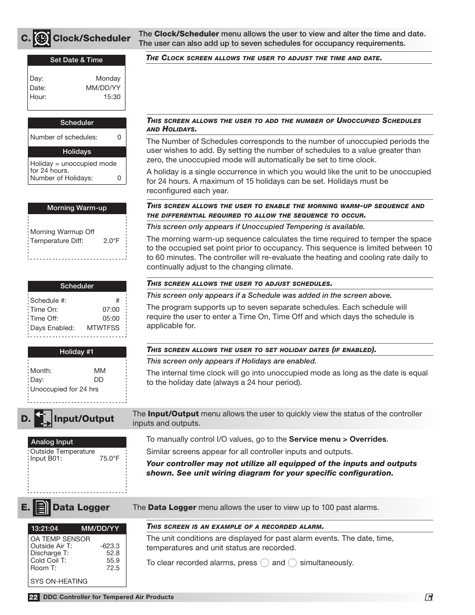 D. input/output, E. data logger, C. clock/scheduler | Greenheck Microprocessor Controller (475595 IOM) TAP v2.10 April 2014 (RVE, ERCH-01, ERT-01) User Manual | Page 22 / 44