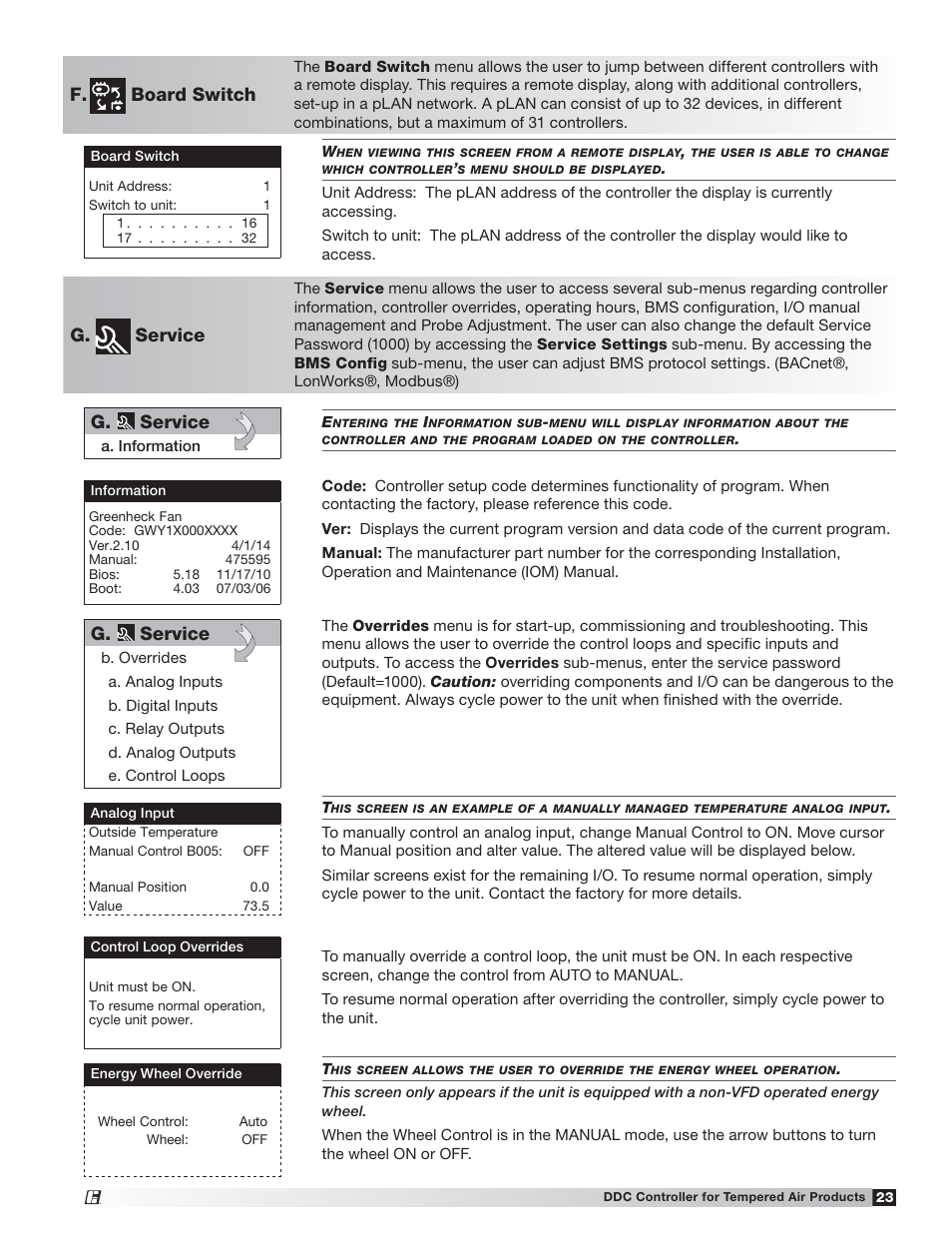 F. board switch, G. service | Greenheck Microprocessor Controller (475595 IOM) TAP v2.10 April 2014 (RVE, ERCH-01, ERT-01) User Manual | Page 23 / 44