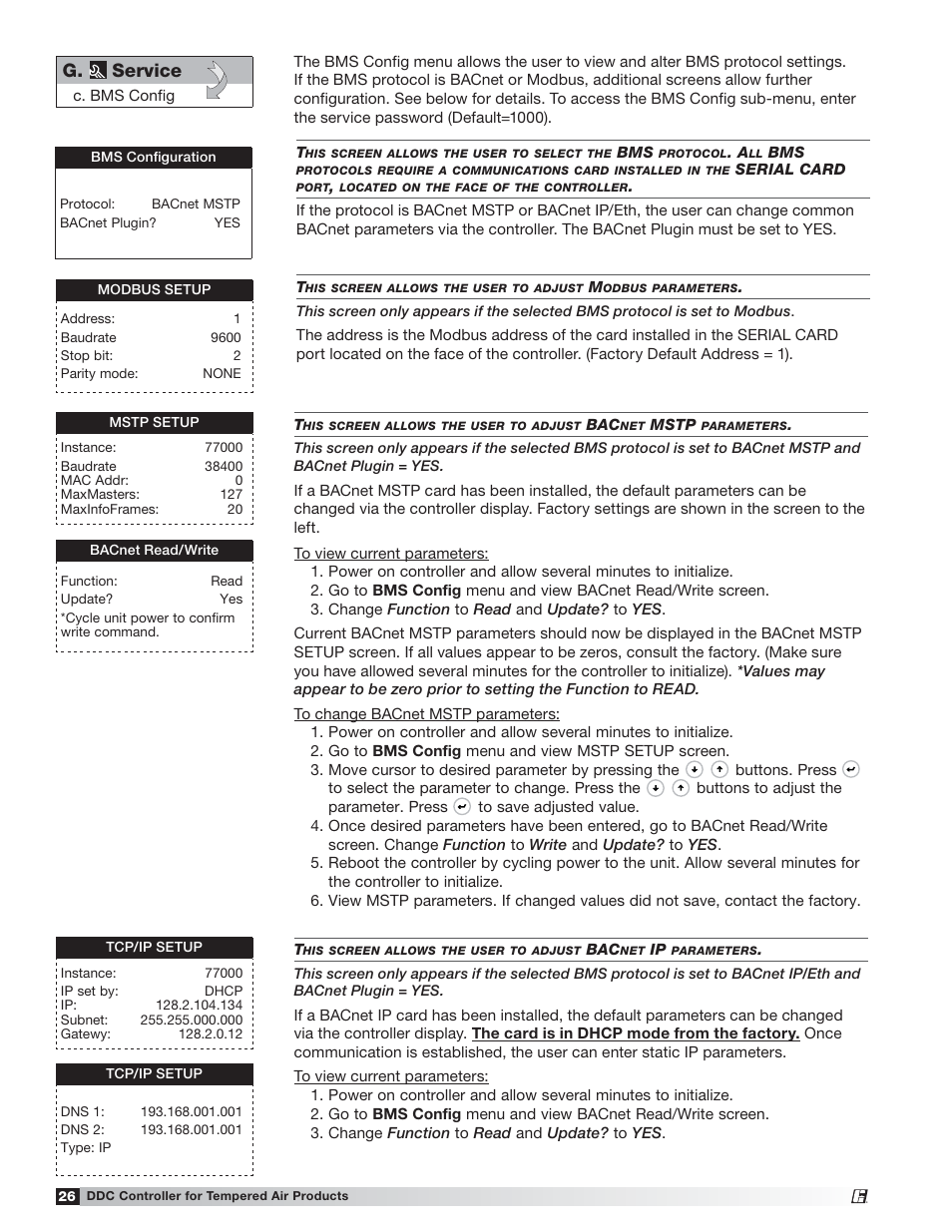 G. service | Greenheck Microprocessor Controller (475595 IOM) TAP v2.10 April 2014 (RVE, ERCH-01, ERT-01) User Manual | Page 26 / 44
