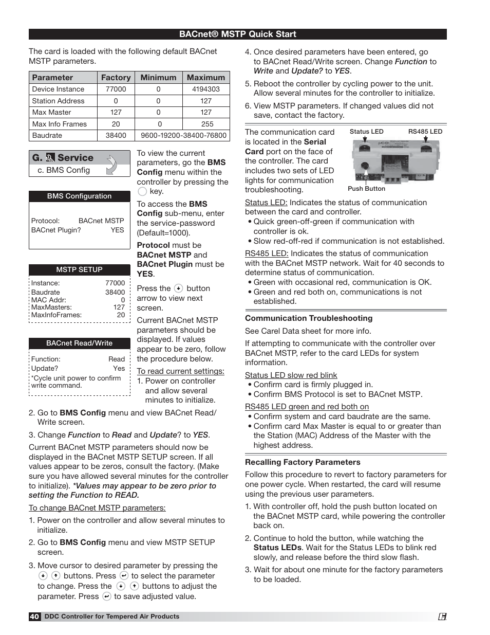G. service | Greenheck Microprocessor Controller (475595 IOM) TAP v2.10 April 2014 (RVE, ERCH-01, ERT-01) User Manual | Page 40 / 44