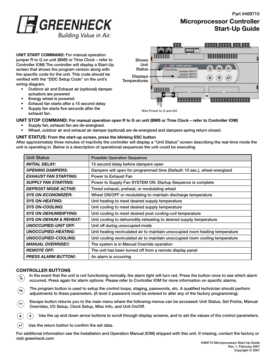 Greenheck Microprocessor Controller Start-Up Guide v3.0 (469710) User Manual | 1 page