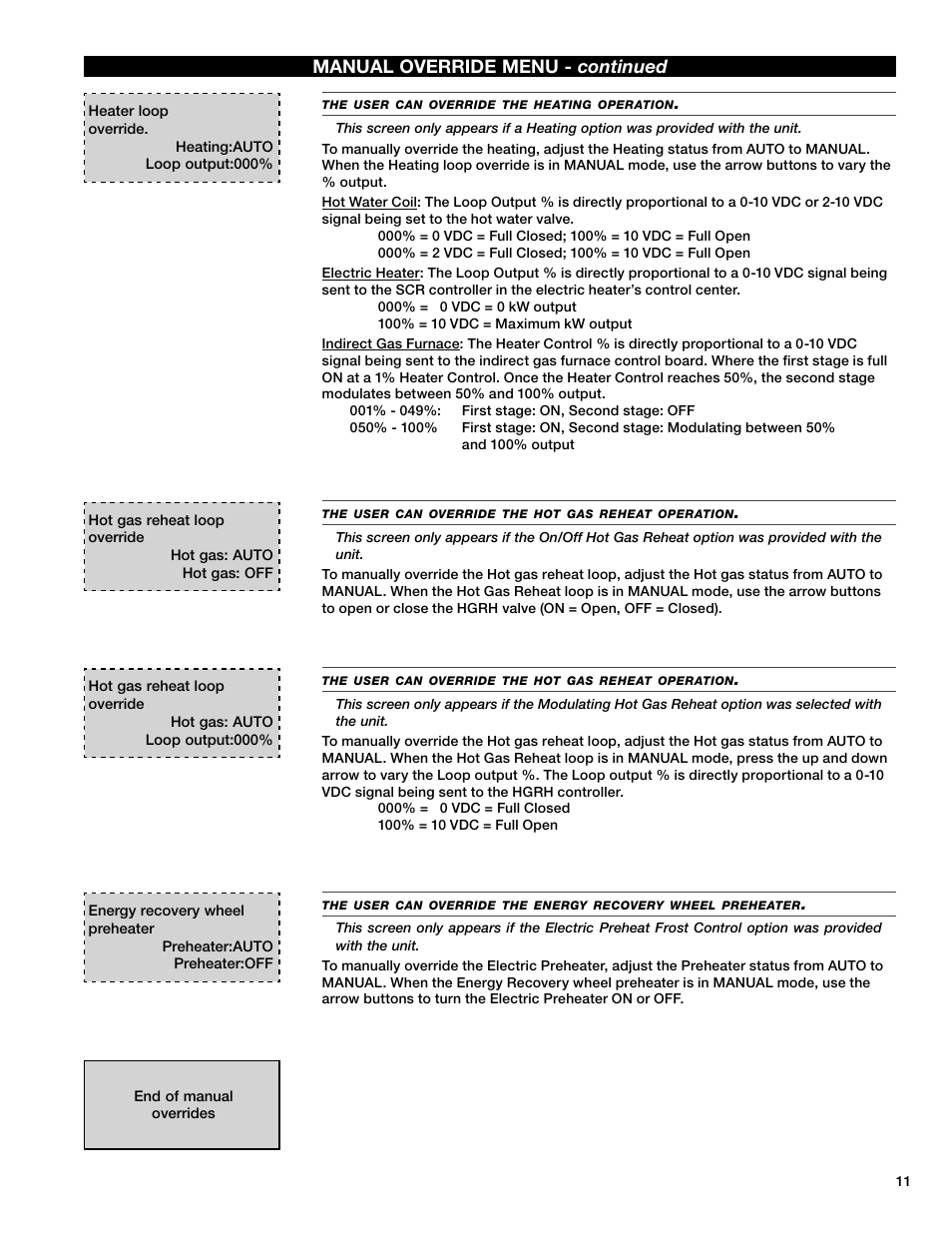 Manual override menu - continued | Greenheck Microprocessor Controller v3.0 (469690) User Manual | Page 11 / 24