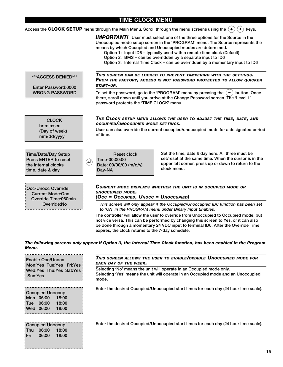 Time clock menu | Greenheck Microprocessor Controller v3.0 (469690) User Manual | Page 15 / 24