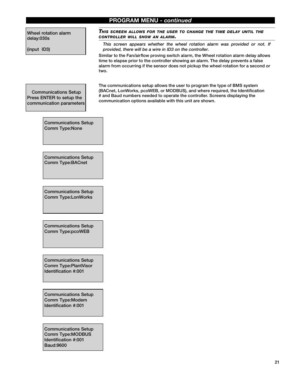 Program menu - continued | Greenheck Microprocessor Controller v3.0 (469690) User Manual | Page 21 / 24