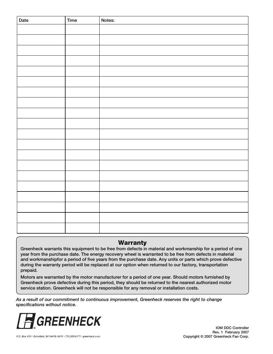 Warranty | Greenheck Microprocessor Controller v3.0 (469690) User Manual | Page 24 / 24