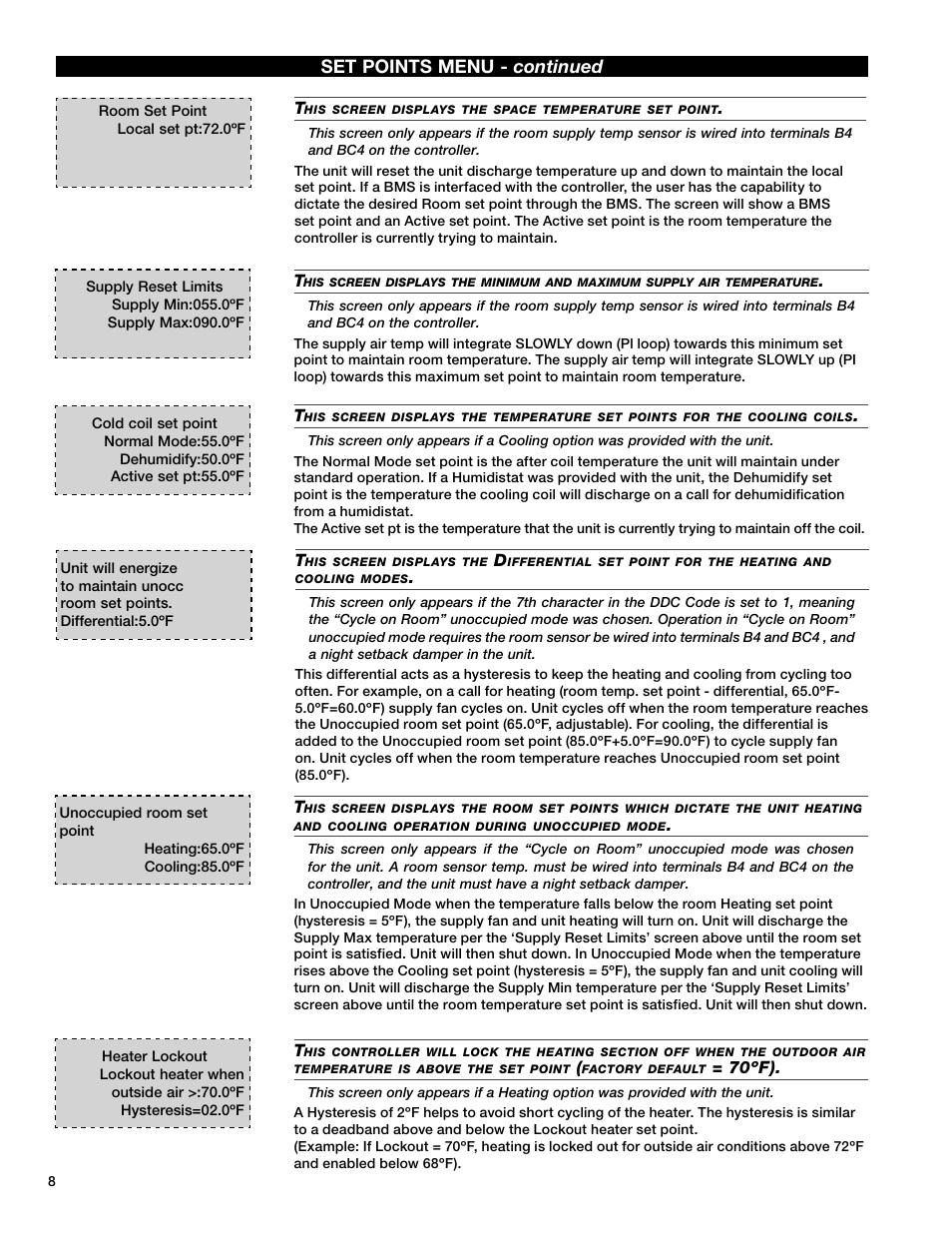 Set points menu - continued | Greenheck Microprocessor Controller v3.0 (469690) User Manual | Page 8 / 24