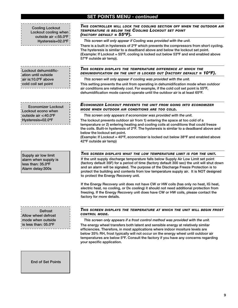 Set points menu - continued | Greenheck Microprocessor Controller v3.0 (469690) User Manual | Page 9 / 24