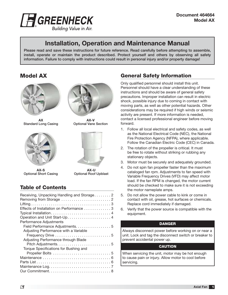 Greenheck AX (464664) User Manual | 8 pages