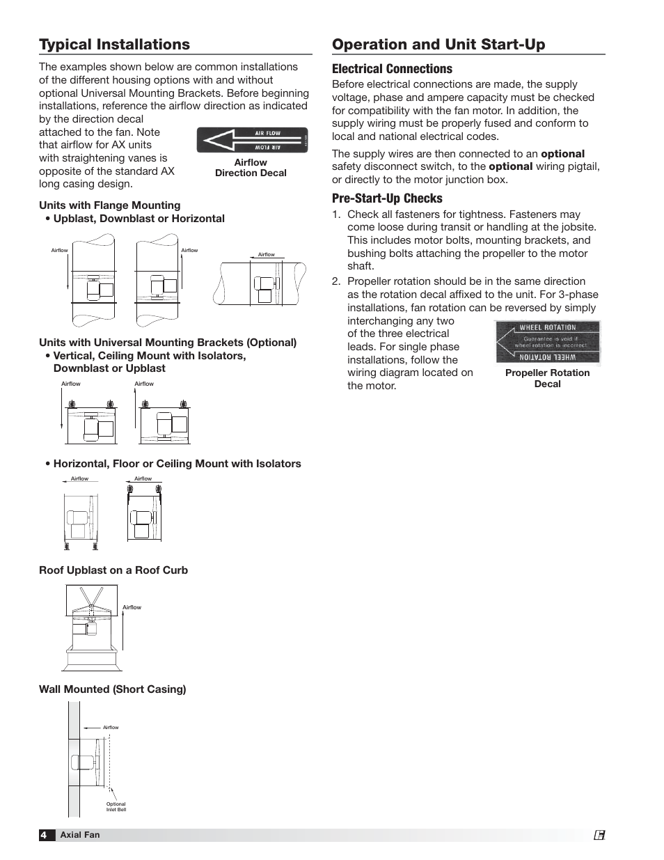 Typical installations, Operation and unit start-up, Electrical connections | Pre-start-up checks | Greenheck AX (464664) User Manual | Page 4 / 8
