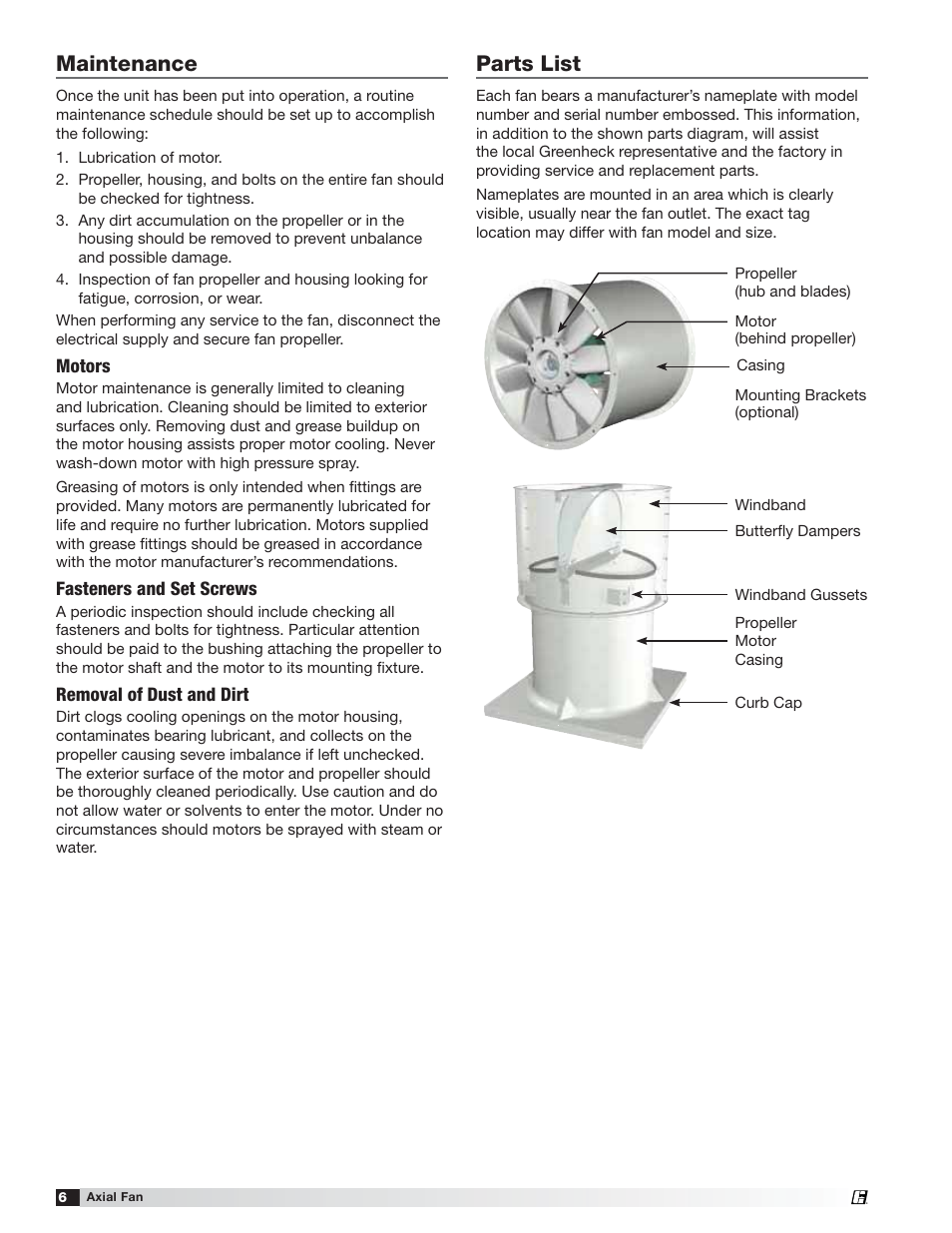 Maintenance, Parts list | Greenheck AX (464664) User Manual | Page 6 / 8