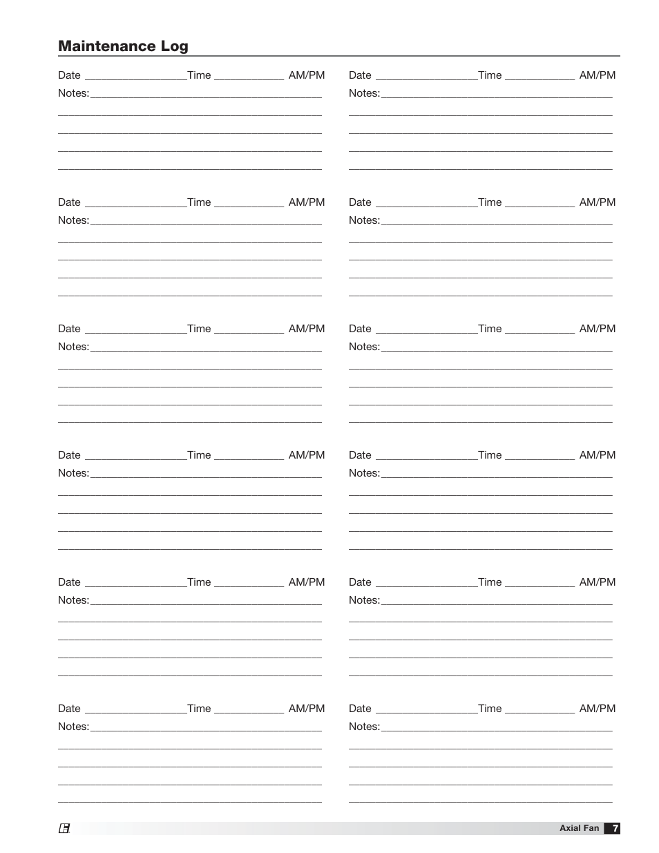 Maintenance log | Greenheck AX (464664) User Manual | Page 7 / 8