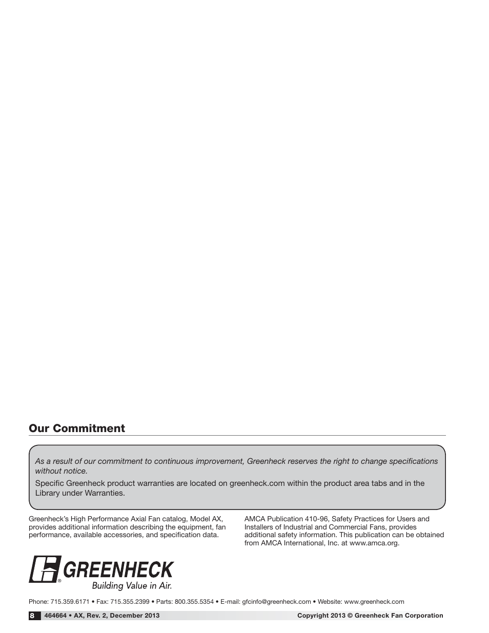 Our commitment | Greenheck AX (464664) User Manual | Page 8 / 8