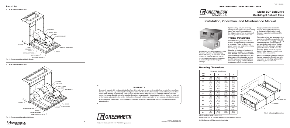 Model bcf belt drive centrifugal cabinet fans, Installation, operation, and maintenance manual, Typical installation | Mounting dimensions, Parts list, Warranty, Read and save these instructions | Greenheck BCF (453284) User Manual | Page 5 / 6