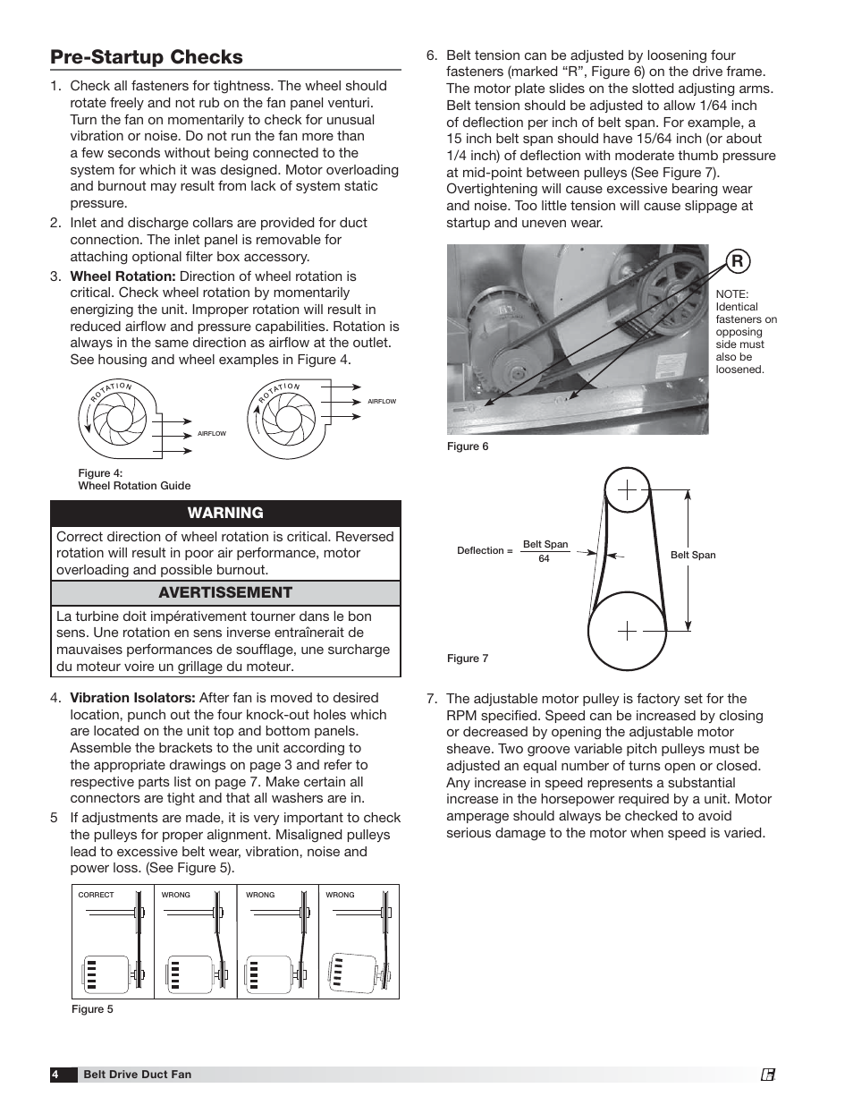 Pre-startup checks, Warning, Avertissement | Greenheck BDF (458341) User Manual | Page 4 / 8