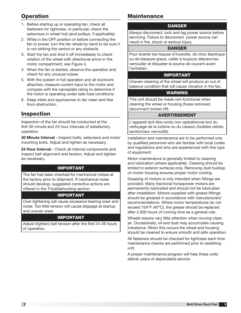 Operation, Inspection, Maintenance | Greenheck BDF (458341) User Manual | Page 5 / 8