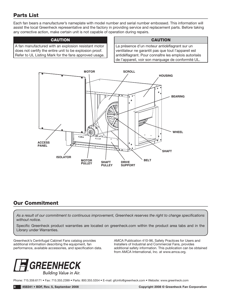 Our commitment, Parts list, Caution | Greenheck BDF (458341) User Manual | Page 8 / 8