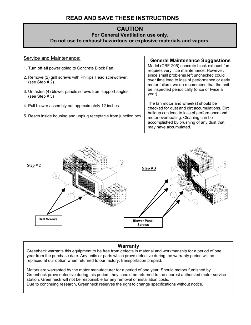 Service and maintenance, Read and save these instructions, Caution | Greenheck CBF (462051) User Manual | Page 2 / 2