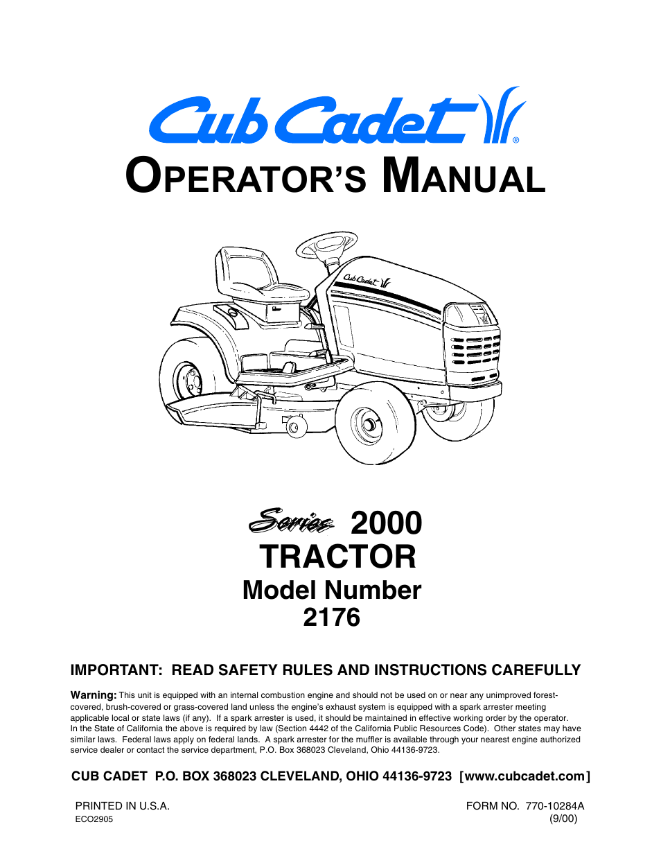 Cub Cadet 2176 User Manual | 60 pages