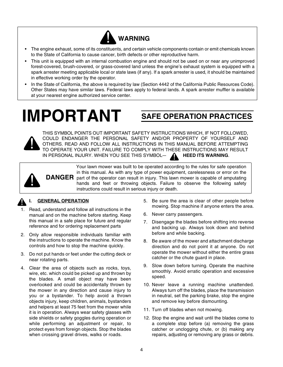 Important, Safe operation practices, Warning | Danger | Cub Cadet 2176 User Manual | Page 4 / 60