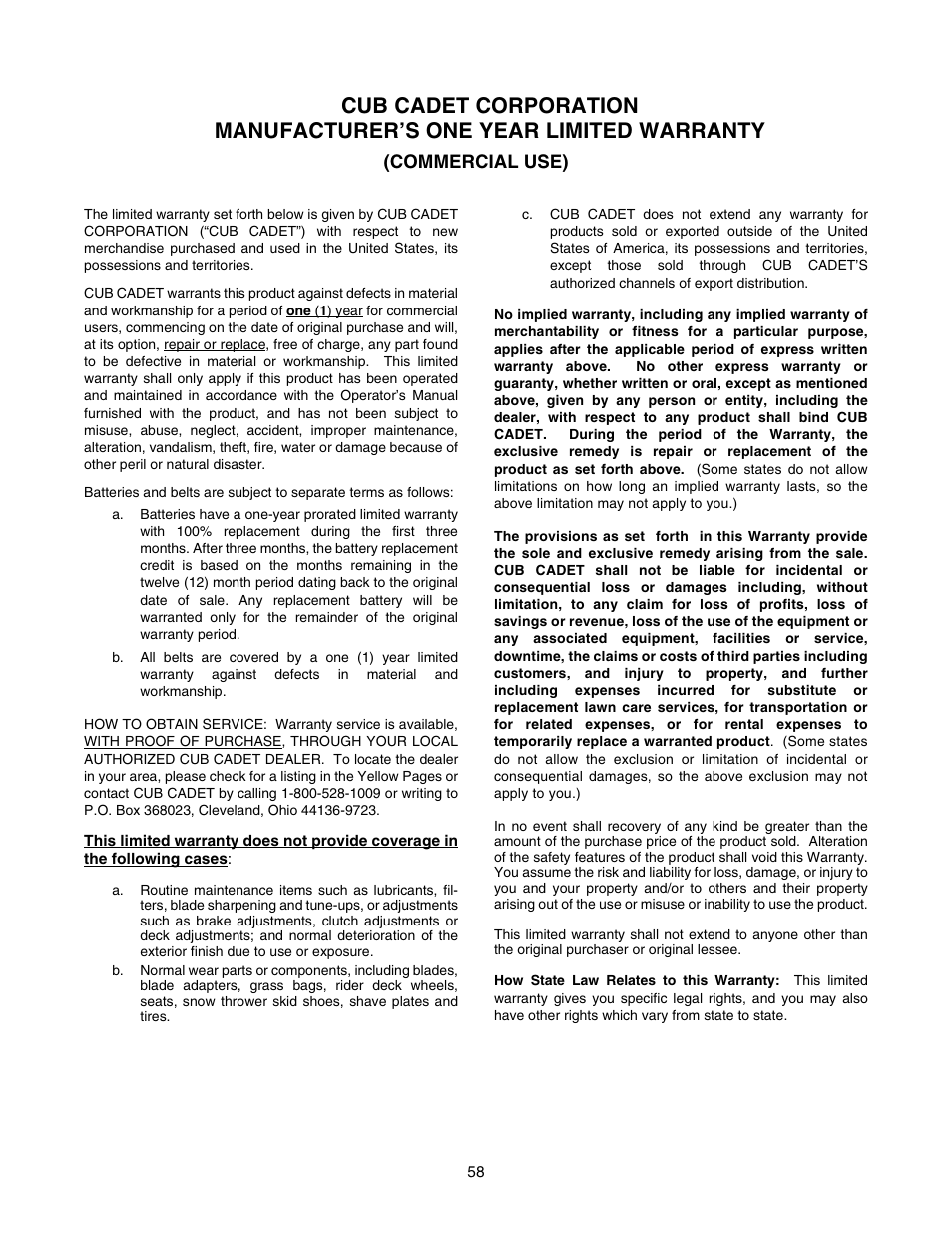 Cub Cadet 2176 User Manual | Page 58 / 60