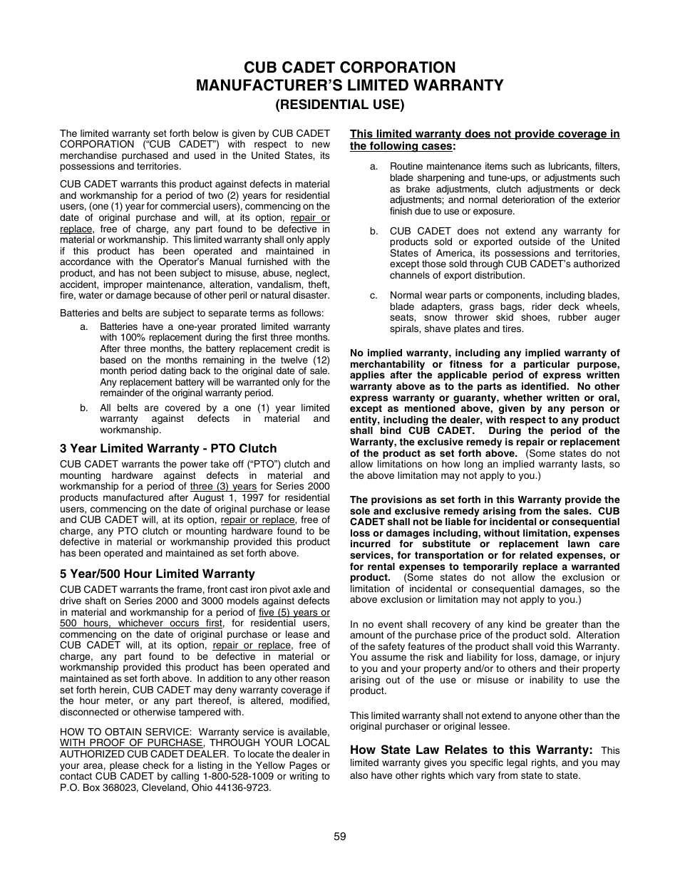 Cub Cadet 2176 User Manual | Page 59 / 60